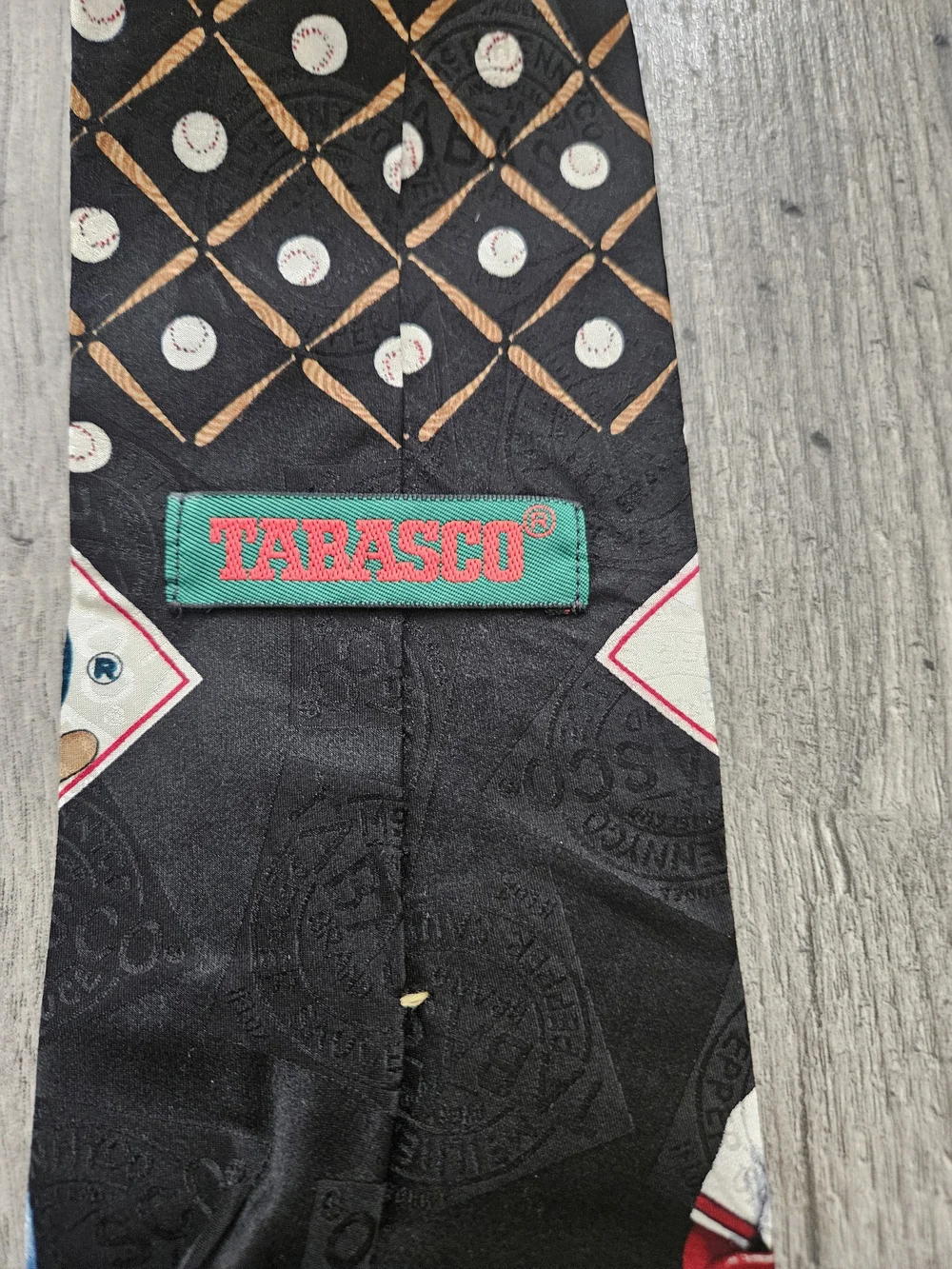 Y2K Tabasco Black 100% Silk Tie with Red and Blue Baseball Graphics